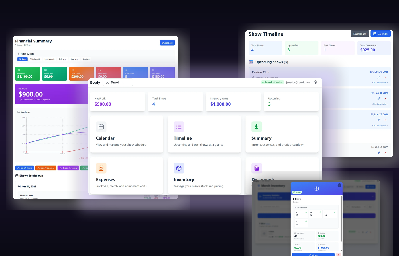 BOPly Dashboard showing financial summary, show timeline, and merch inventory